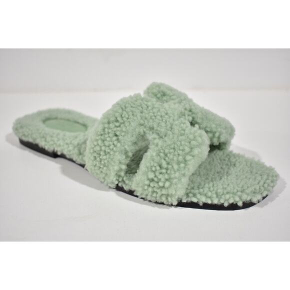 Hermes Oran Teddy Shearling Fur Green H Logo Slide Sandal Mule Flat Flip Flop 42 - Picture 5 of 12
